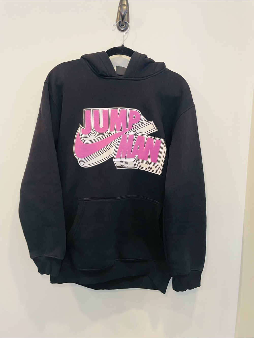 Nike Black Hoodie with White Logo and Pink Graphic Jump Man